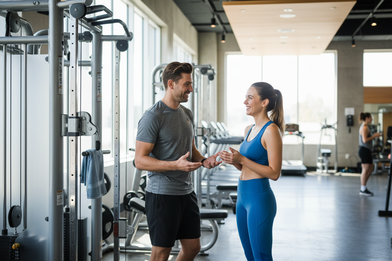 Man and woman talking in gym