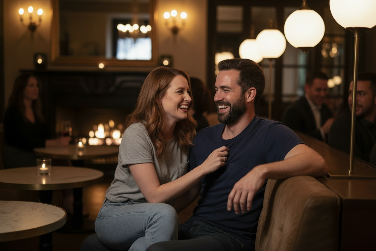 Woman and man in casual clothes having a flirtatious conversation